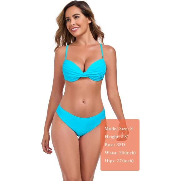 Women's Sky Blue Push Up Bikini Tops Ruched Twist Front Underwear Top Swimsuit - Picture 6 of 8